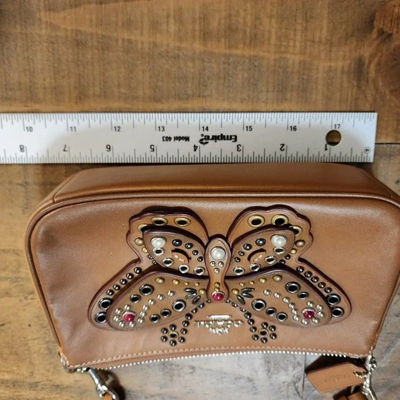 Coach 19 Wristlet Tan Leather Butterfly Applique Studded Bag F59076 - Picture 4 of 11